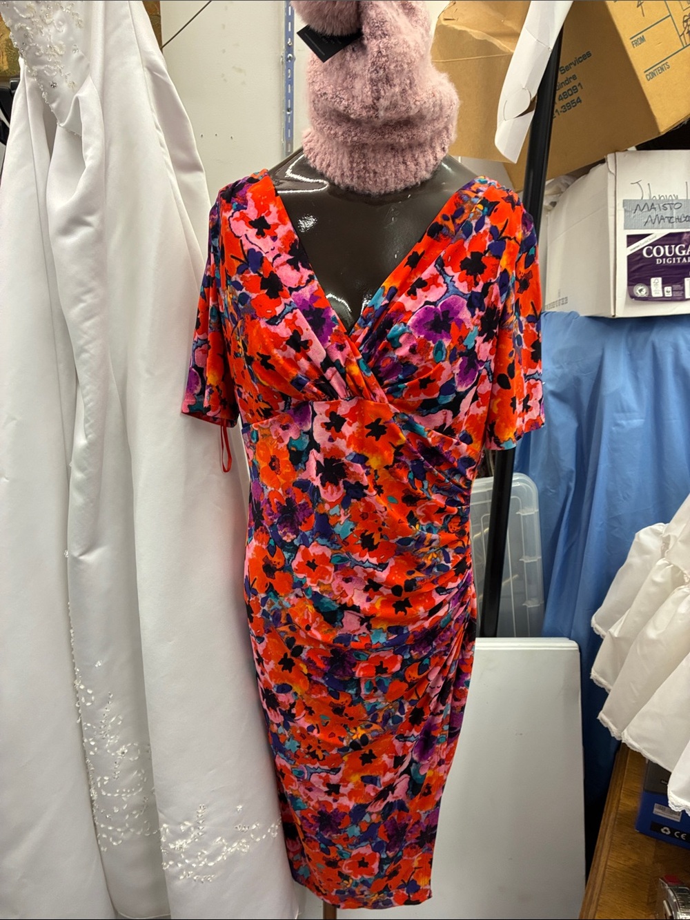 Evan Picone Red and Pink Floral Wrap-Style V-Neck Dress sz 12P